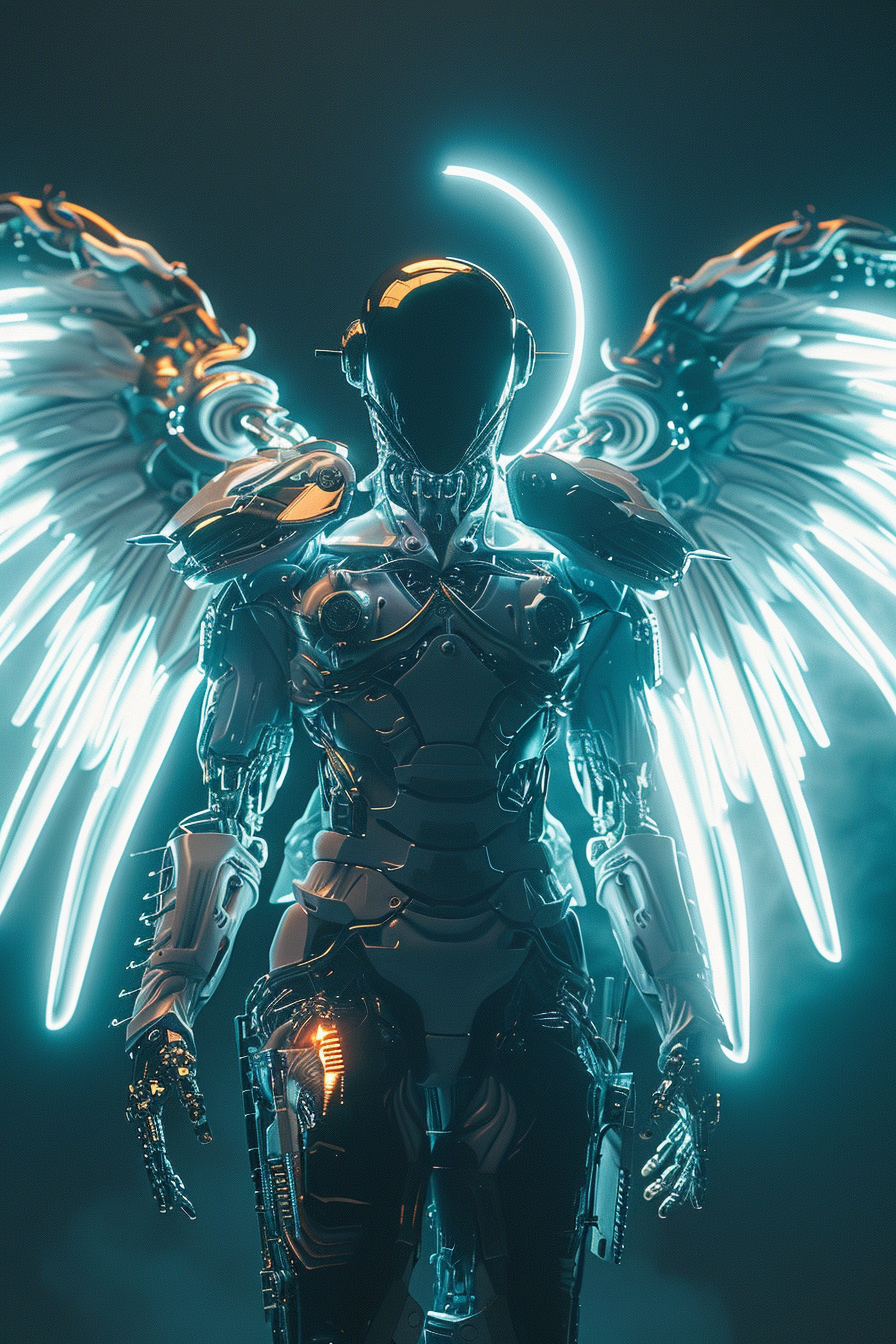 Cyborg with metallic angel wings