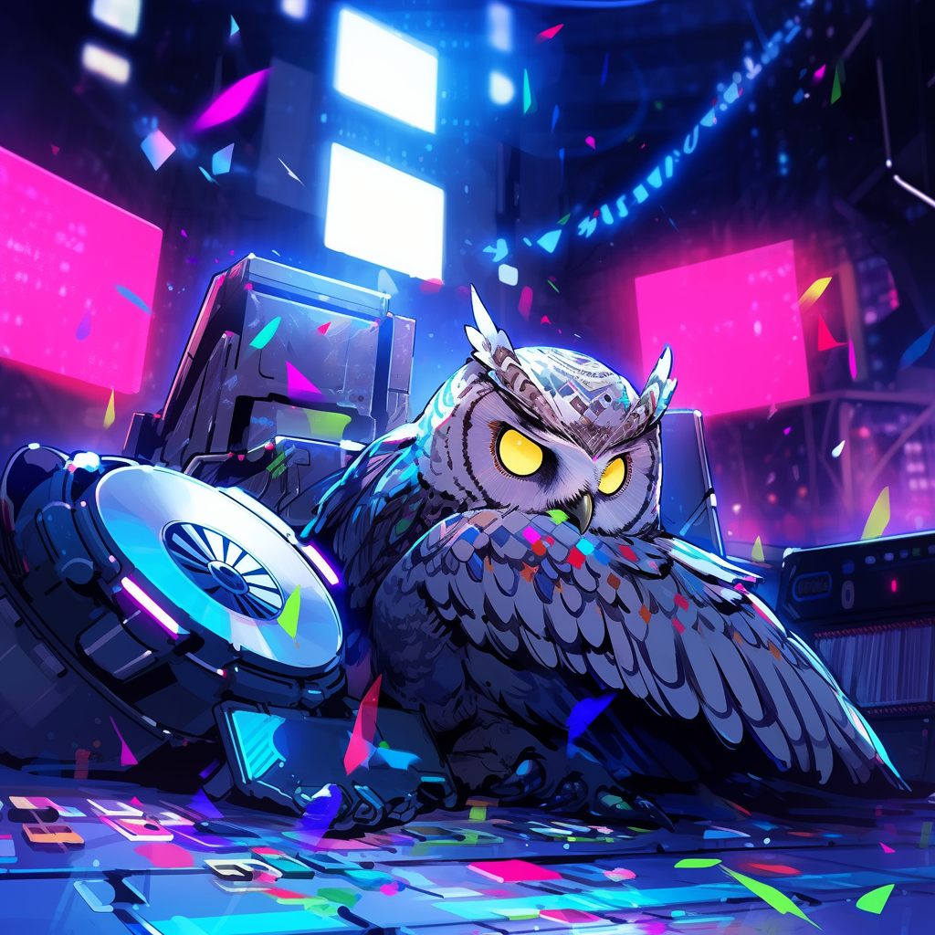 Cyborg owl resting with disco ball stomach