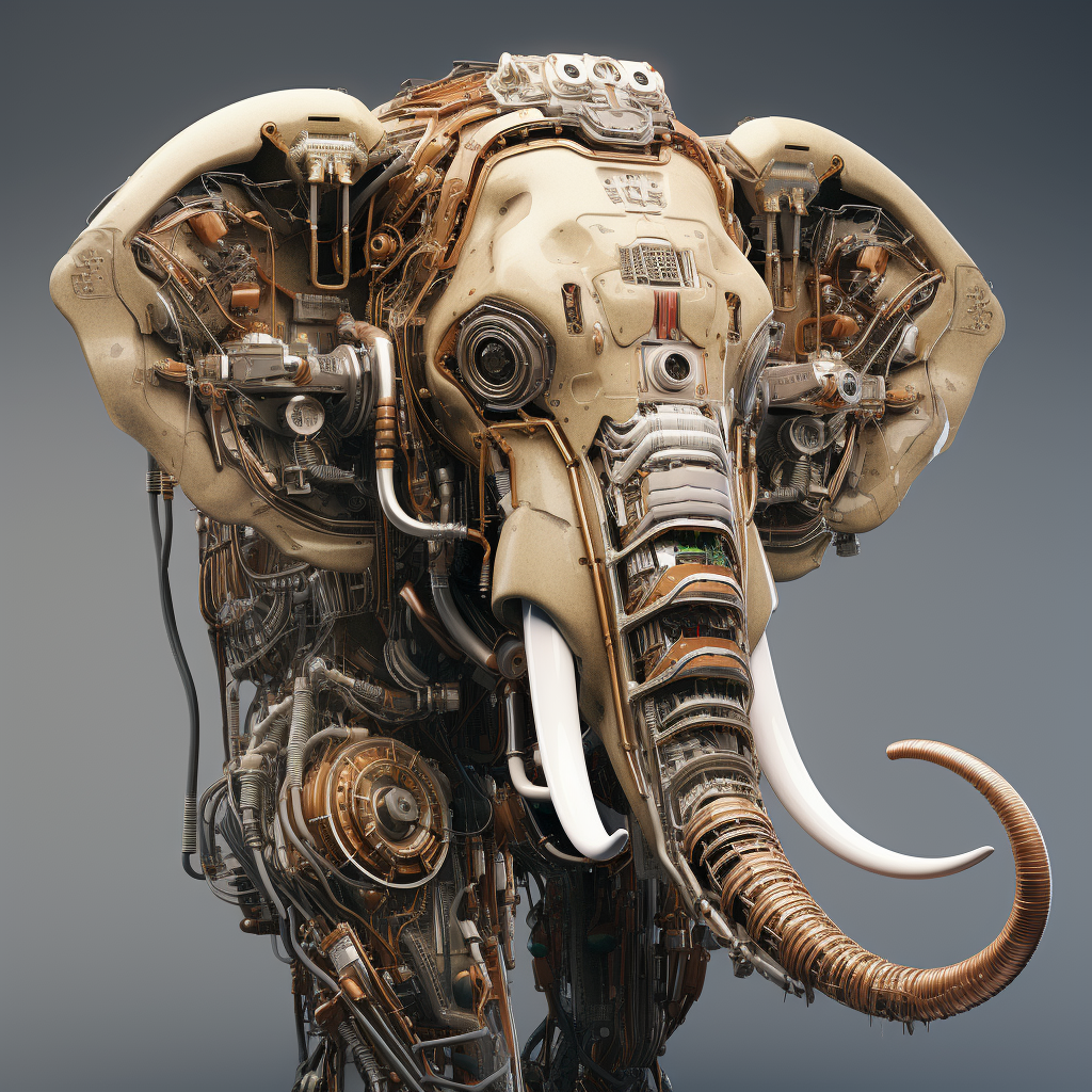 Futuristic cyborg mammoth walking in a field