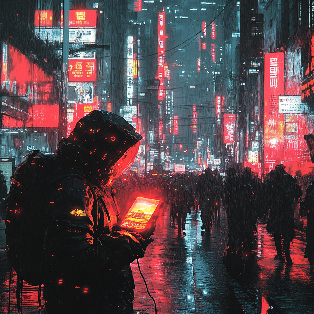 Cyborg in chaotic city setting