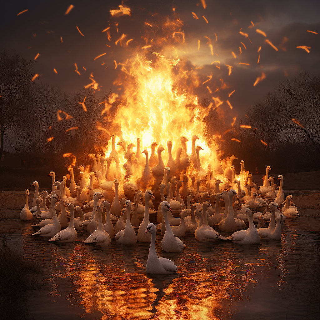 Geese circling bonfire in nature