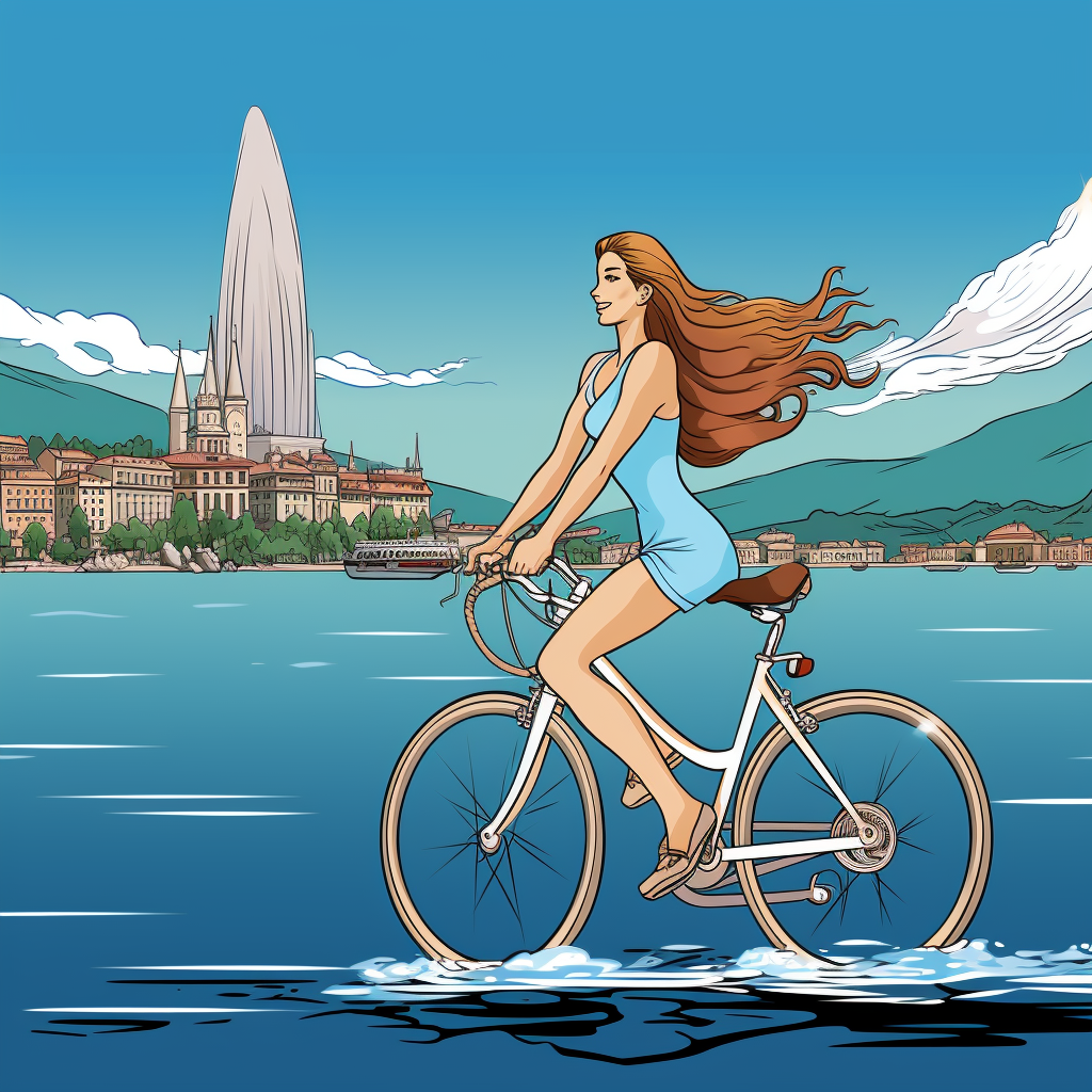 Cartoon-style lady cycling in Geneva, Switzerland