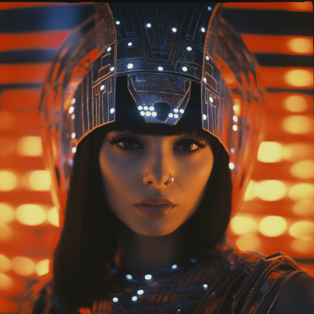 Cleopatra exuding power in a cyberpunk world