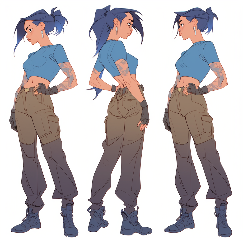 Cyperpunk girl with various ponytail styles and blue hair  ?