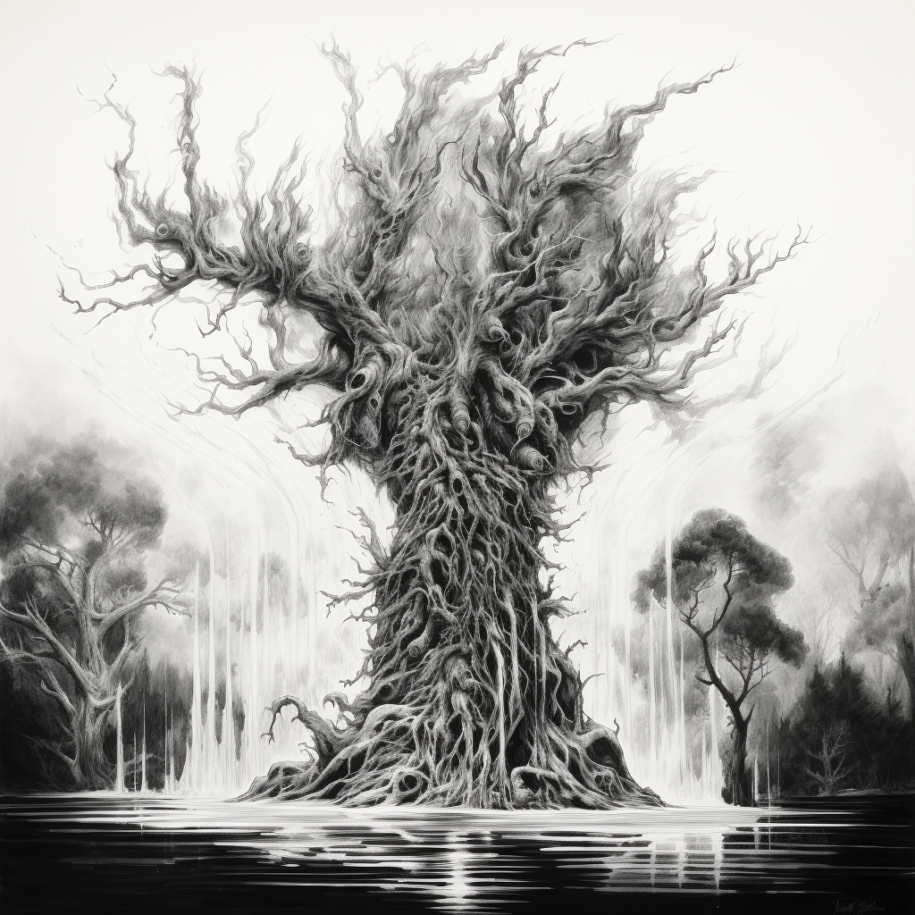 Artistic depiction of tall cypress tree with fire and water