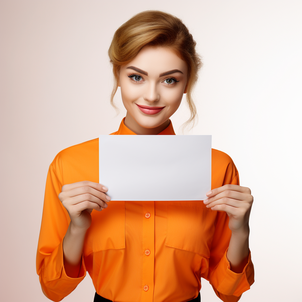 Czech hairdresser girl in orange uniform showing paper