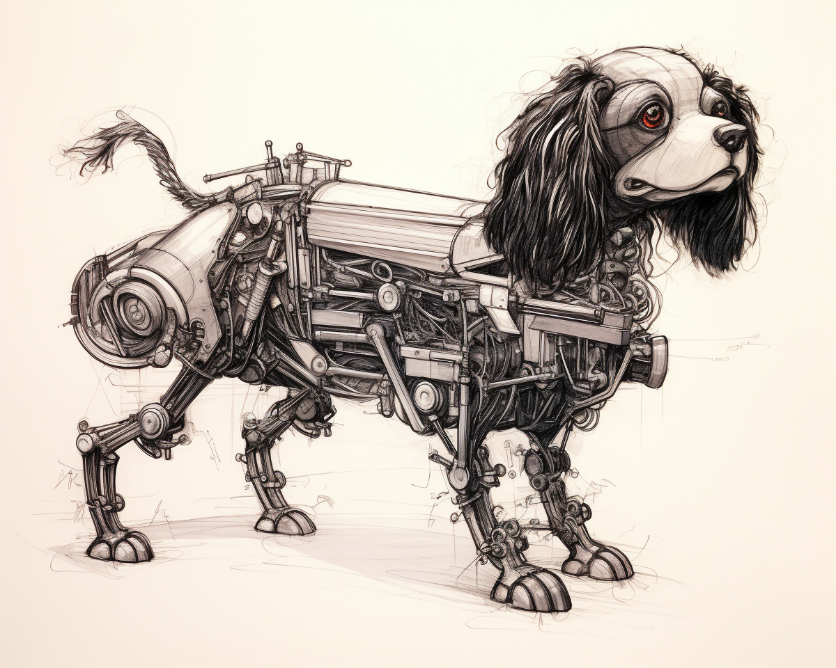 Futuristic mechanical Spaniel sketch by da Vinci