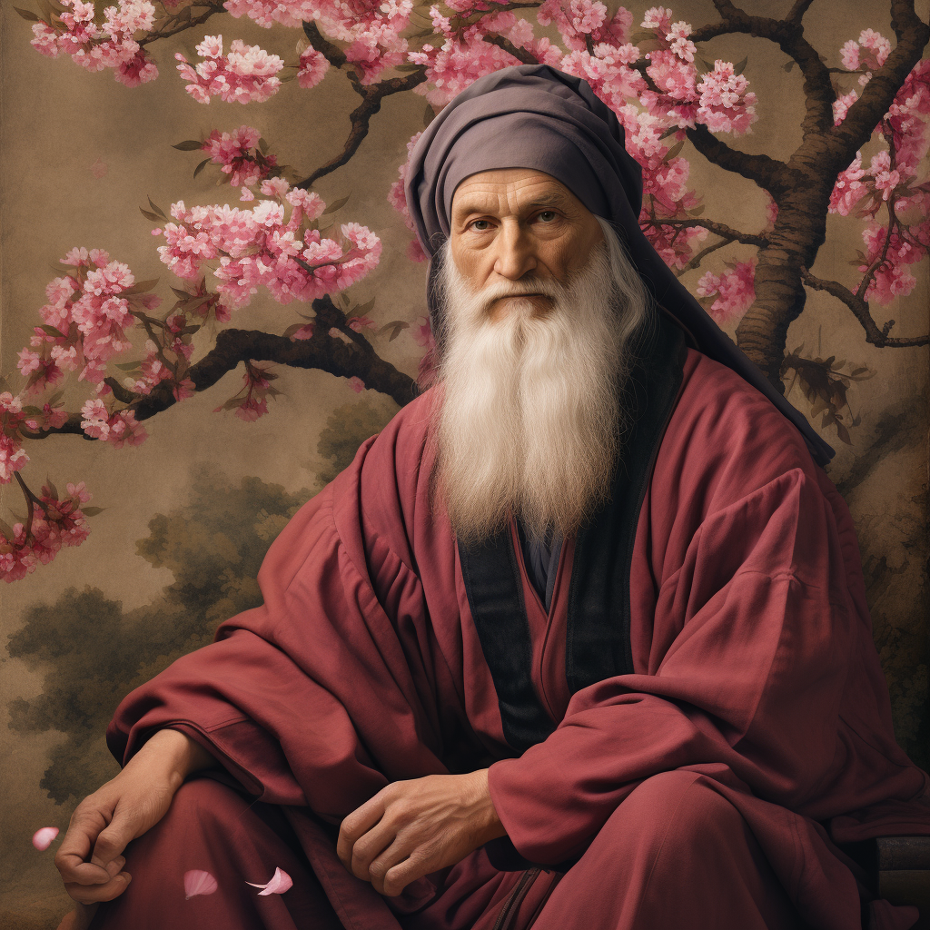 Leonardo da Vinci sitting under Japanese cherry tree