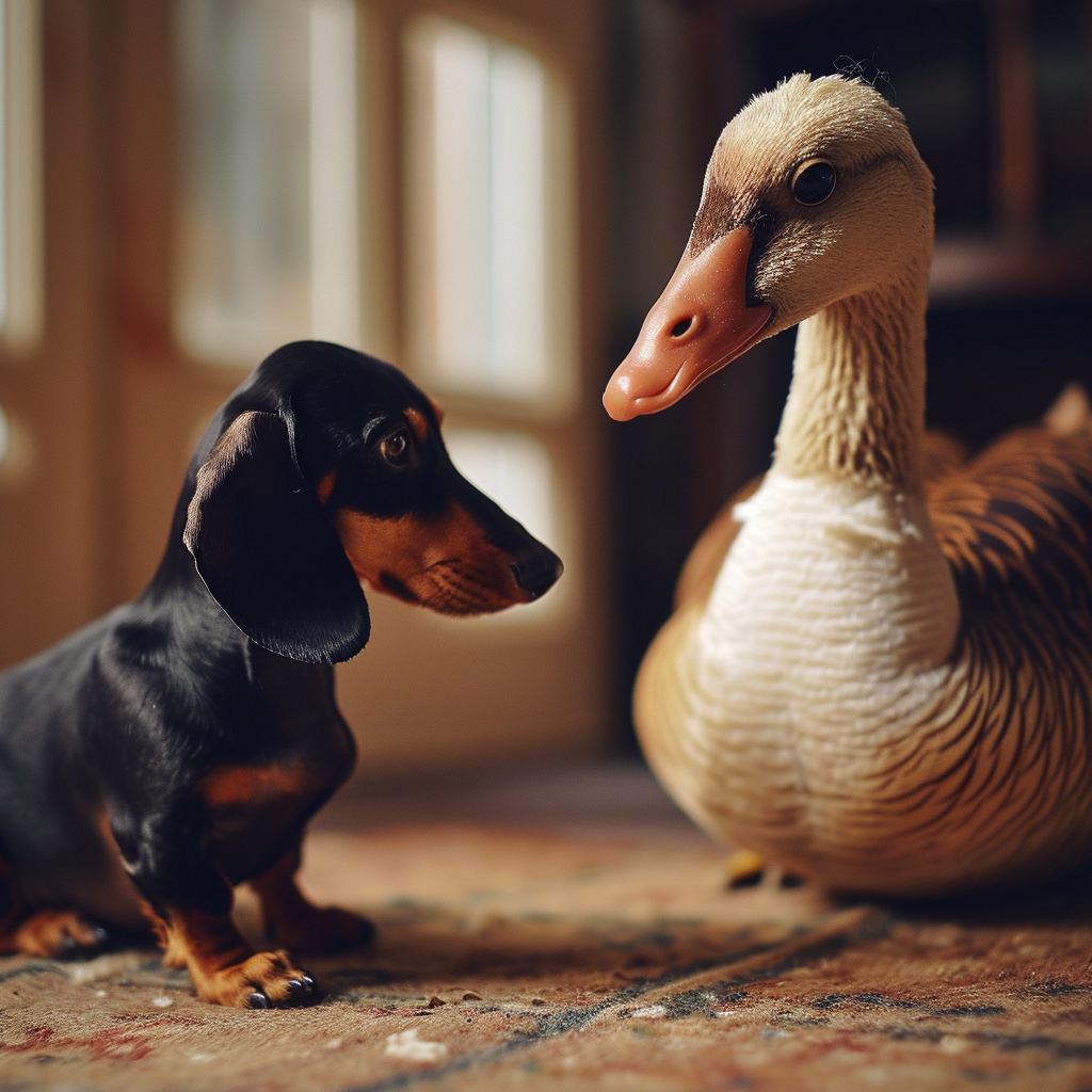 Small dachshund dog attacking tall stuffed goose