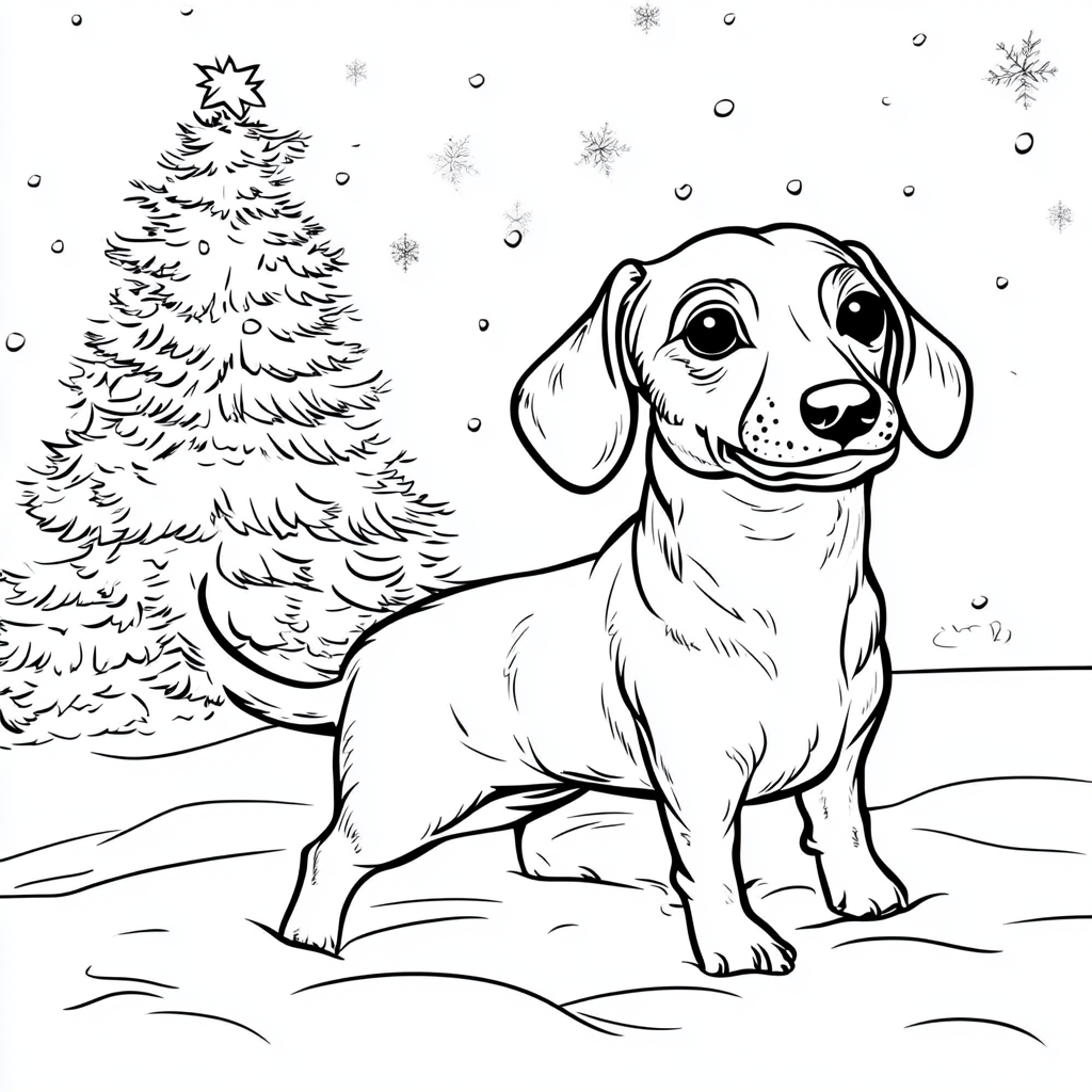 dachshund playing in snow, white christmas tree, black and white