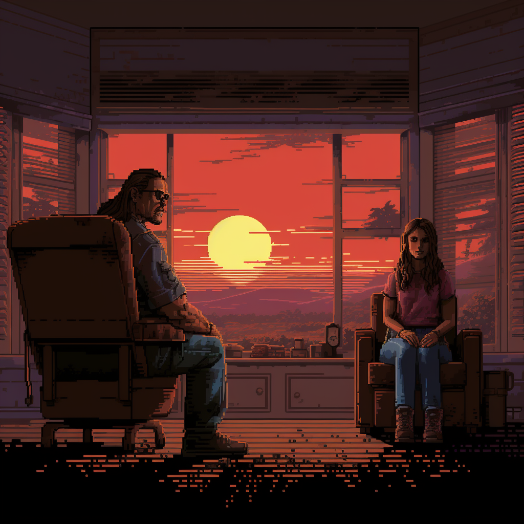 Retro horror game style family photo with dad and daughter