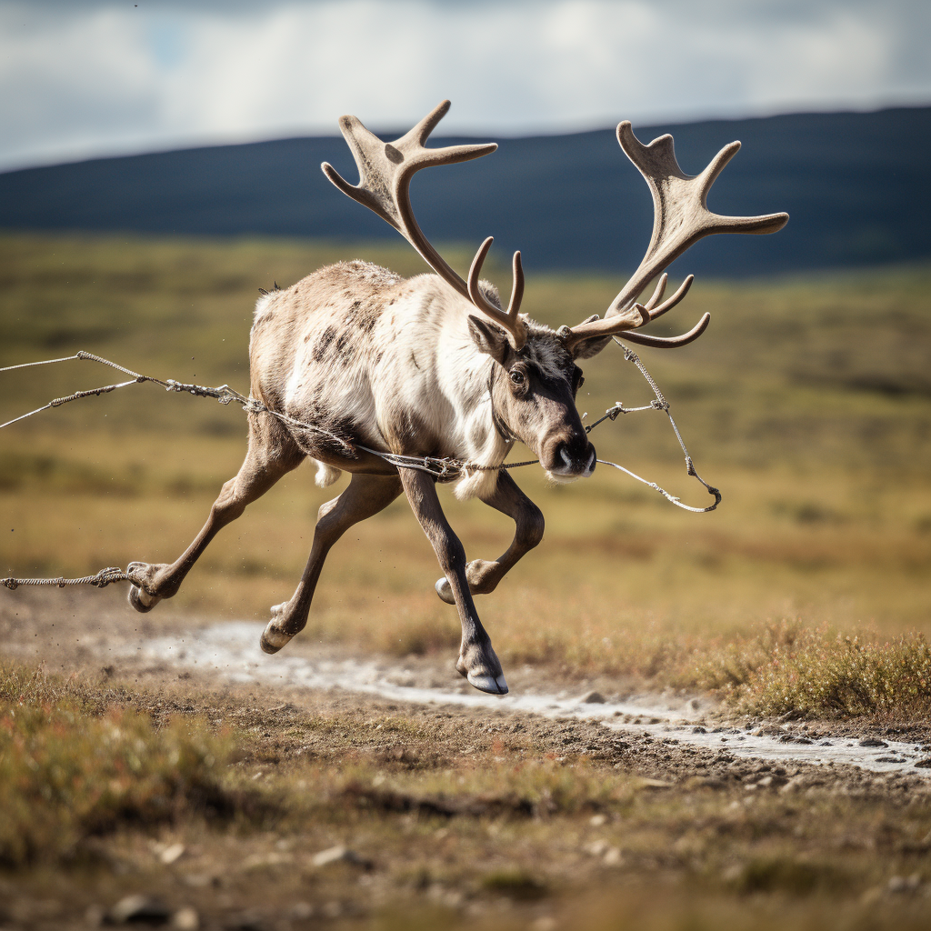 Caribou gracefully steps over rod