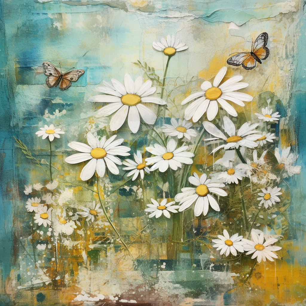 Collage of daisies, butterflies, and objects