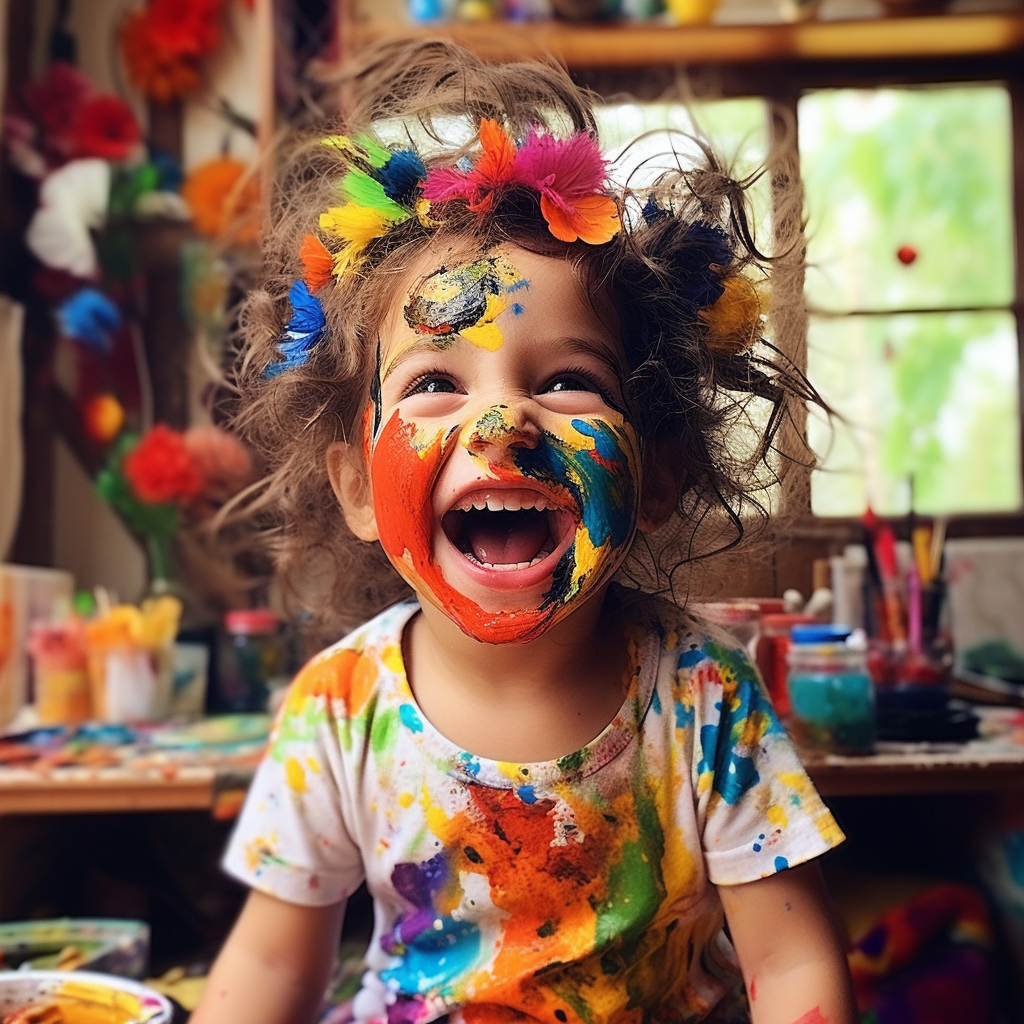 Daisy painting with enthusiasm and creating comedy with paint splatters