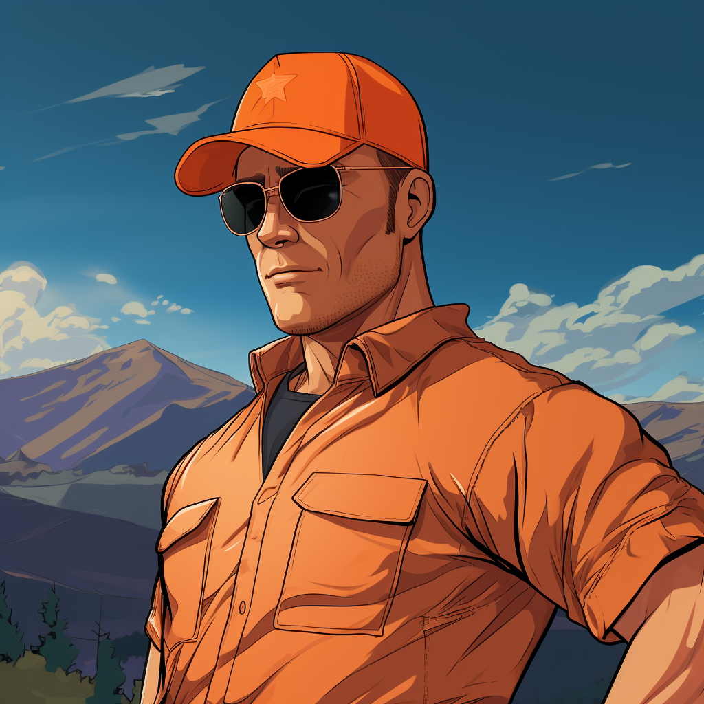 Dale in orange hat and exterminator outfit