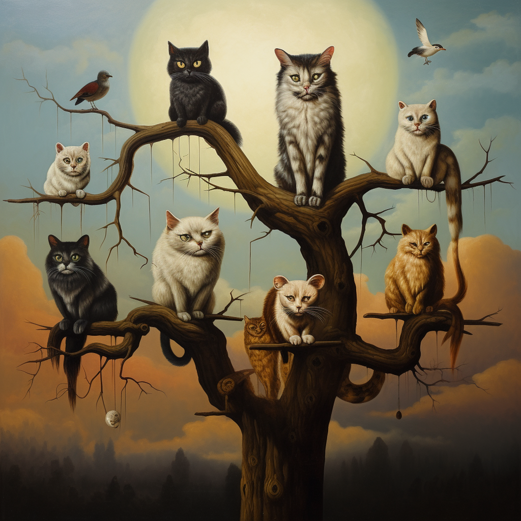 Beautiful cats in a surreal tree