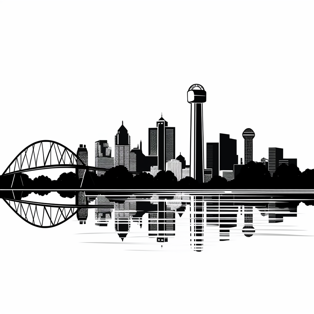 Black outline vector of Dallas skyline on white backdrop