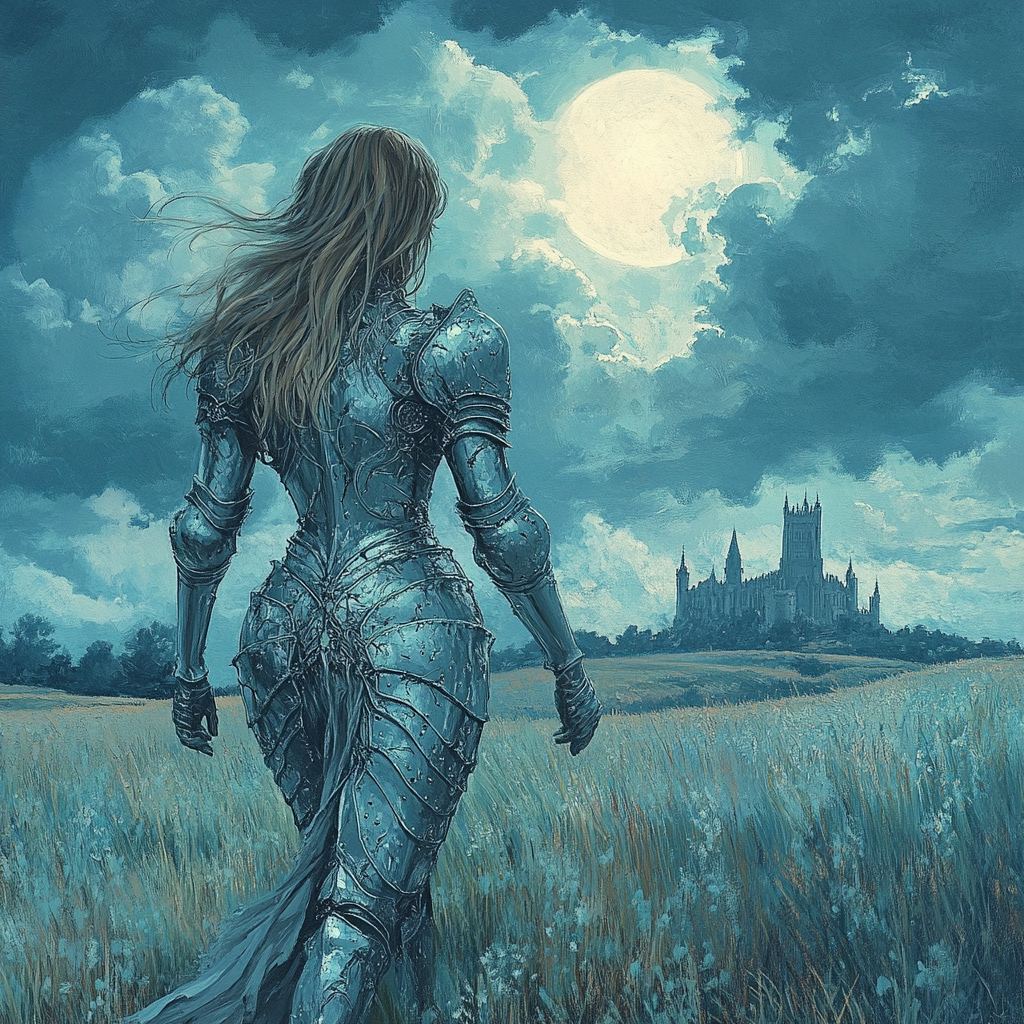 damaged knight walking in field towards castle under moon.