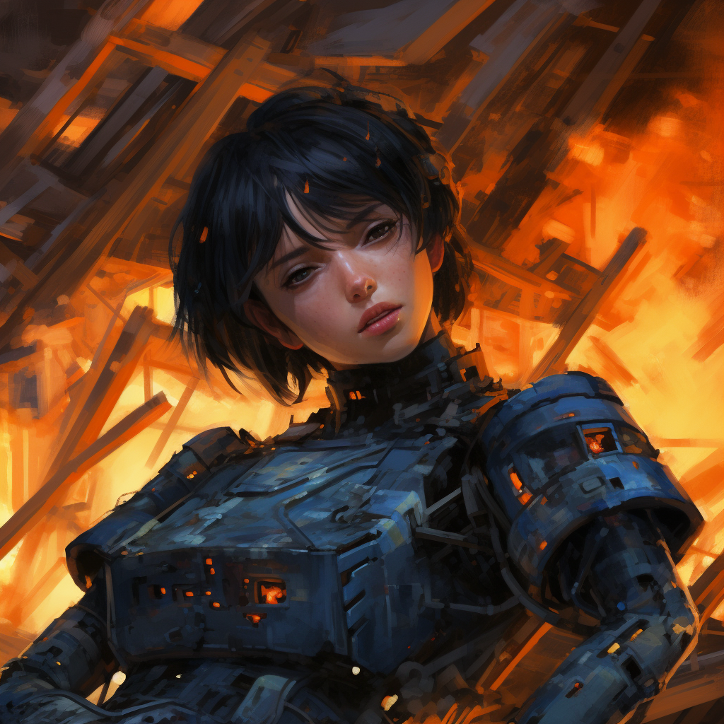 Damaged robot girl lying on burning scrap