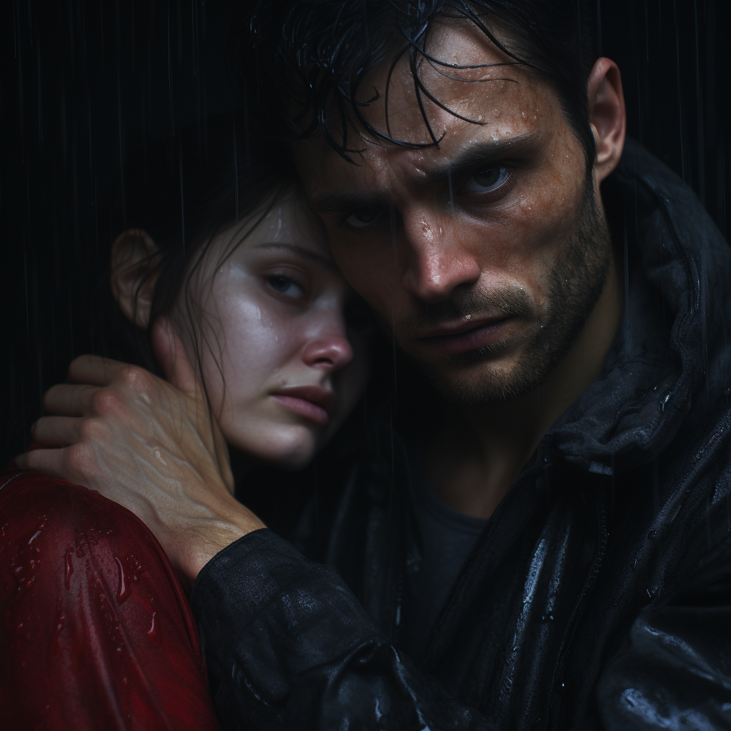 American woman couple in dark, wet horror scene