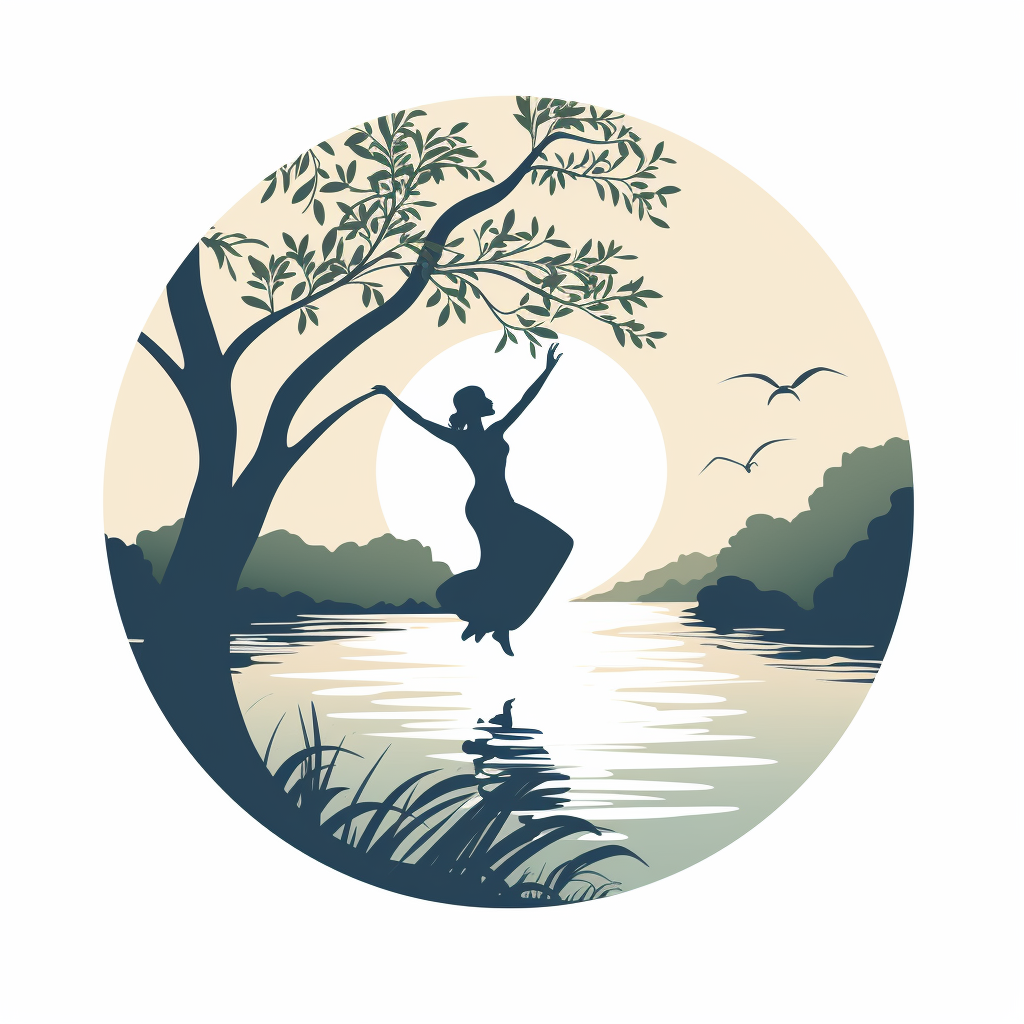 Graceful girl dancing in a tree with a harp