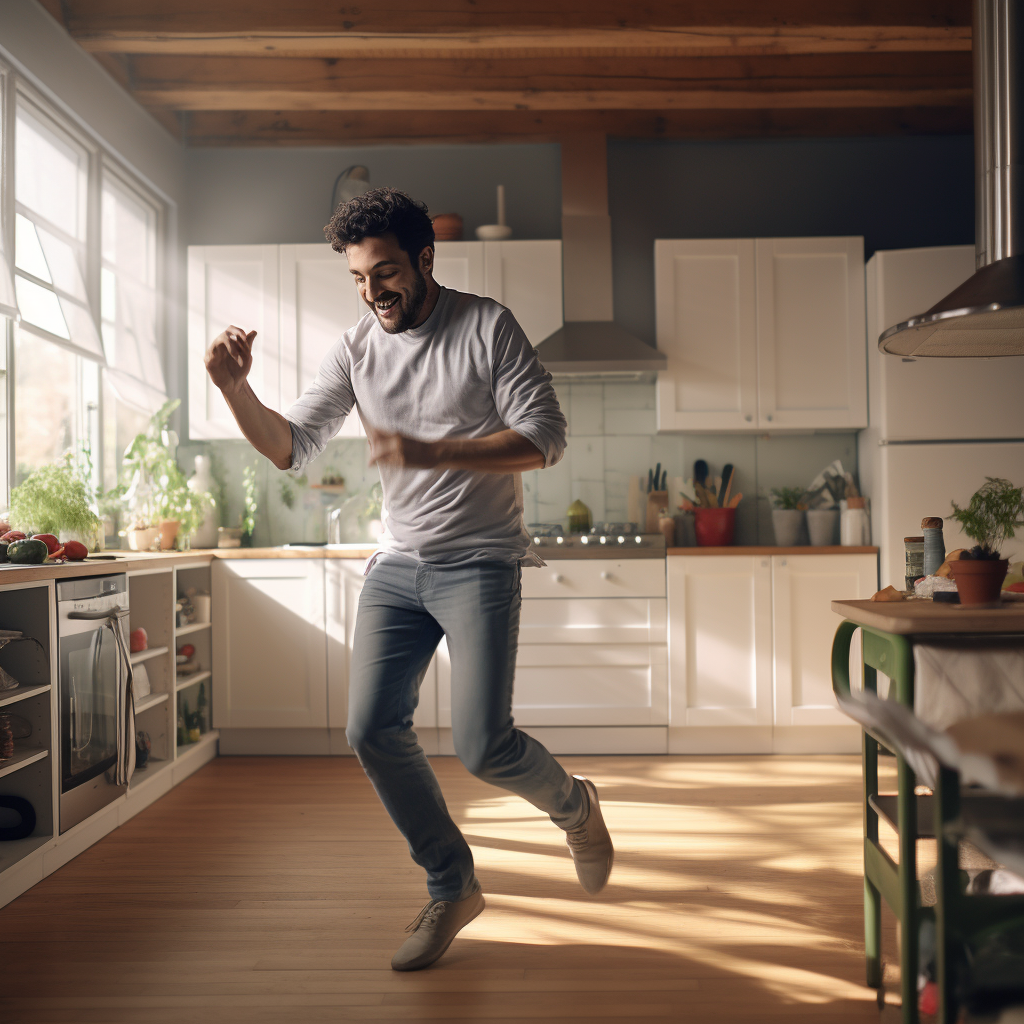 Man dancing in modern kitchen with cell phone