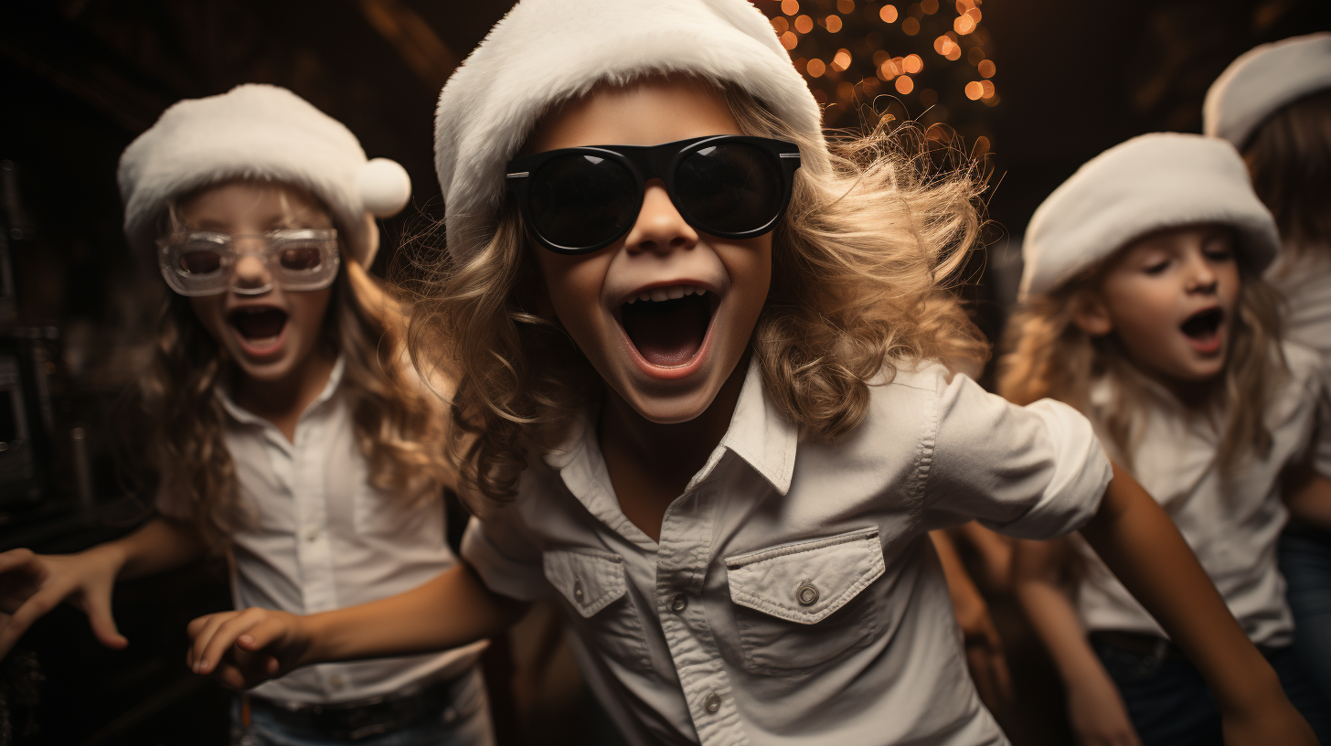 Quirky children having dance party as Santa