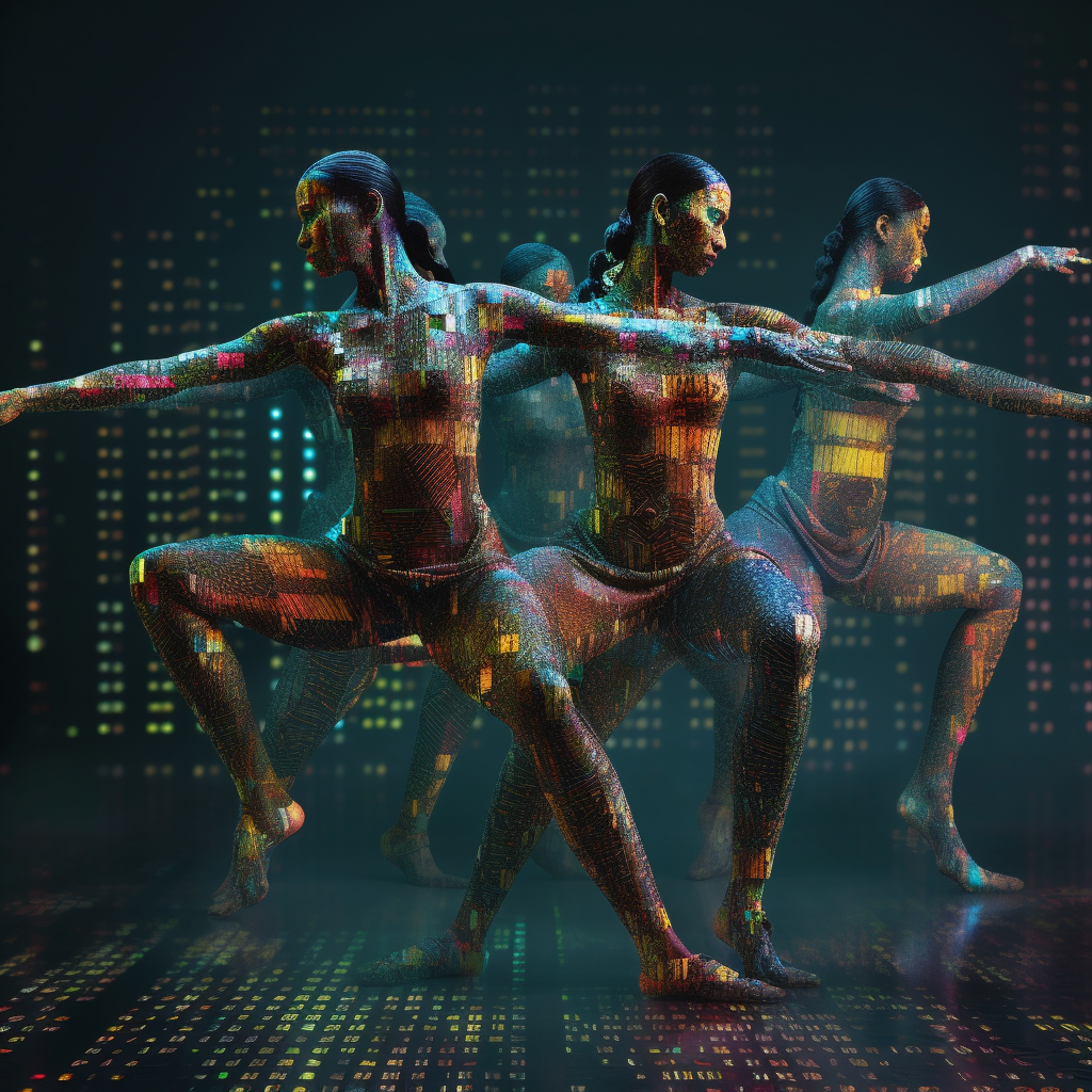 Dancers in motion capture suits performing Bharatanatyam