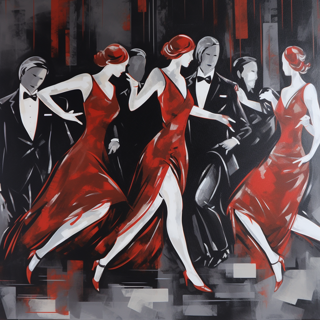 Glamorous dancers in dark noir pop art deco