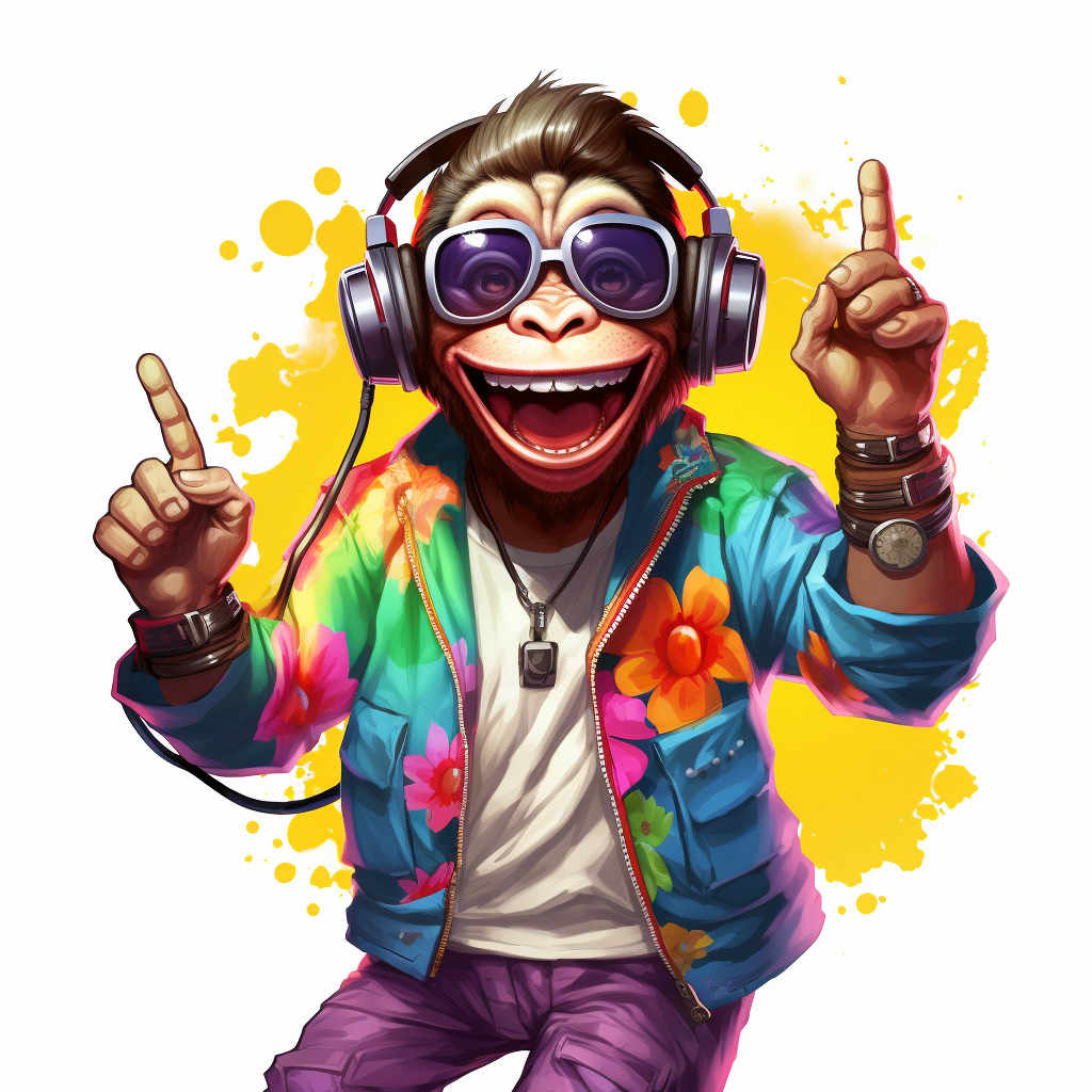 Smiling dancing cartoon monkey with shades and headset