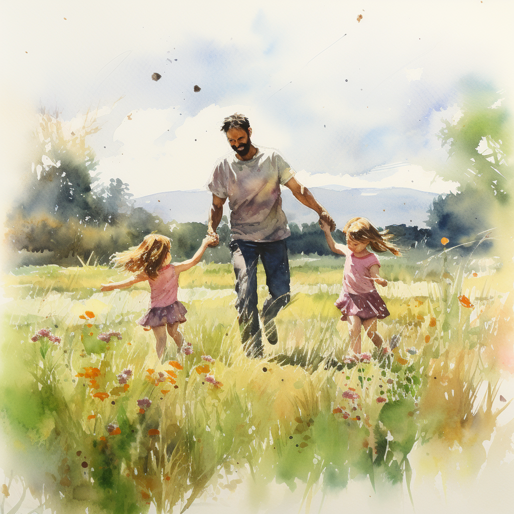 Children Dancing in Field Watercolor Painting