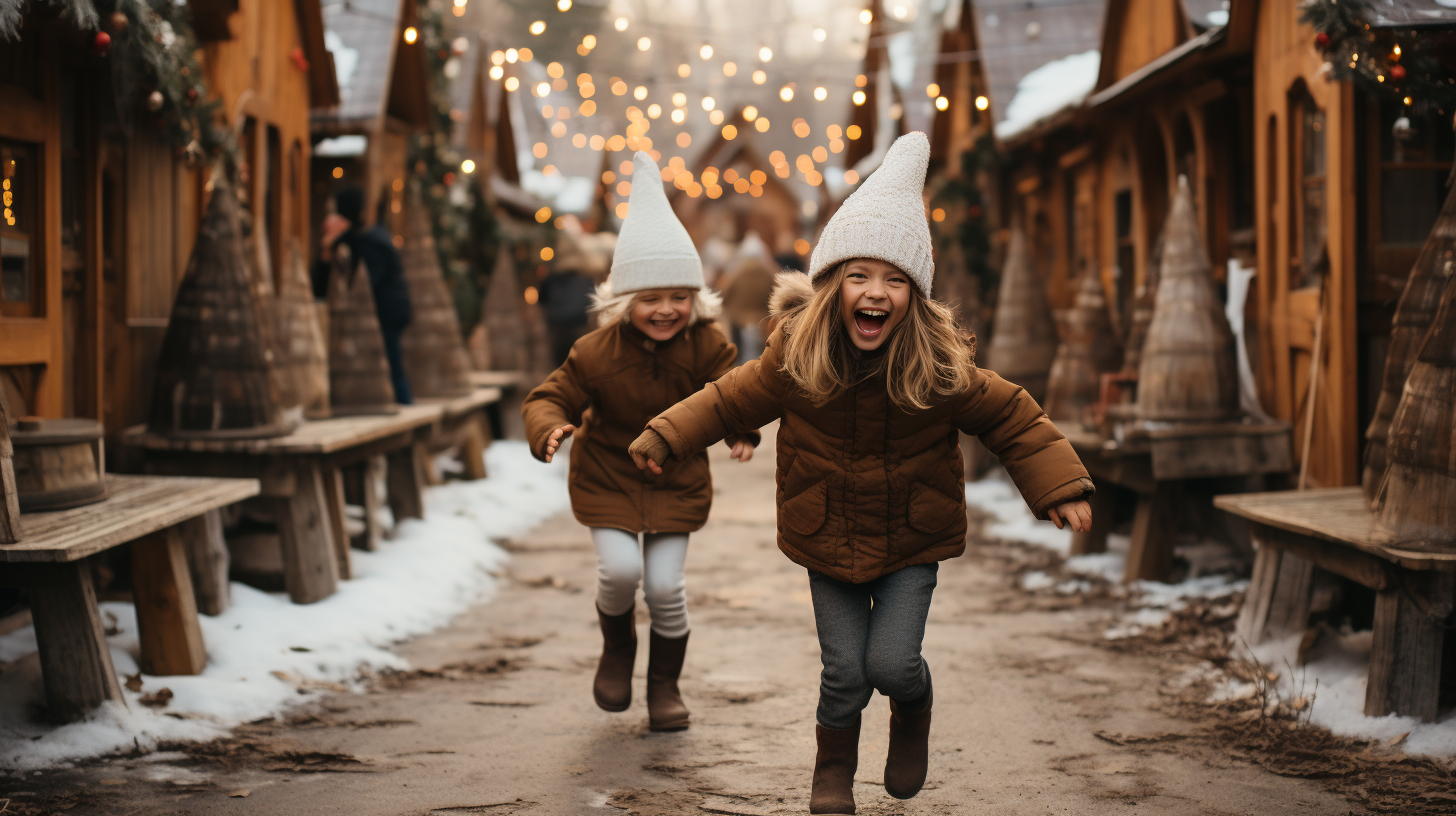 Quirky children dancing in festive village