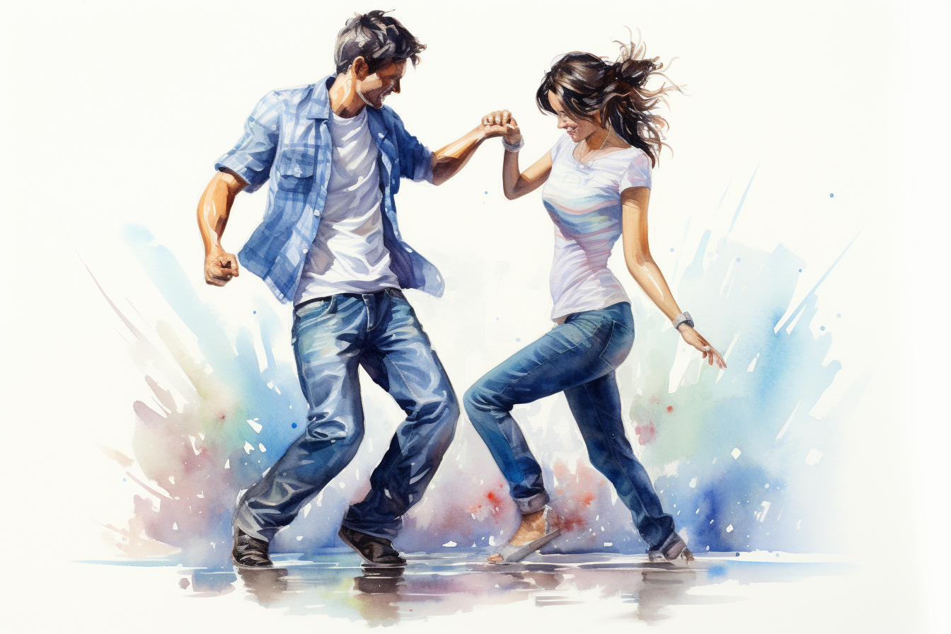 Realistic Watercolor Painting of Dancing Couple in Jeans