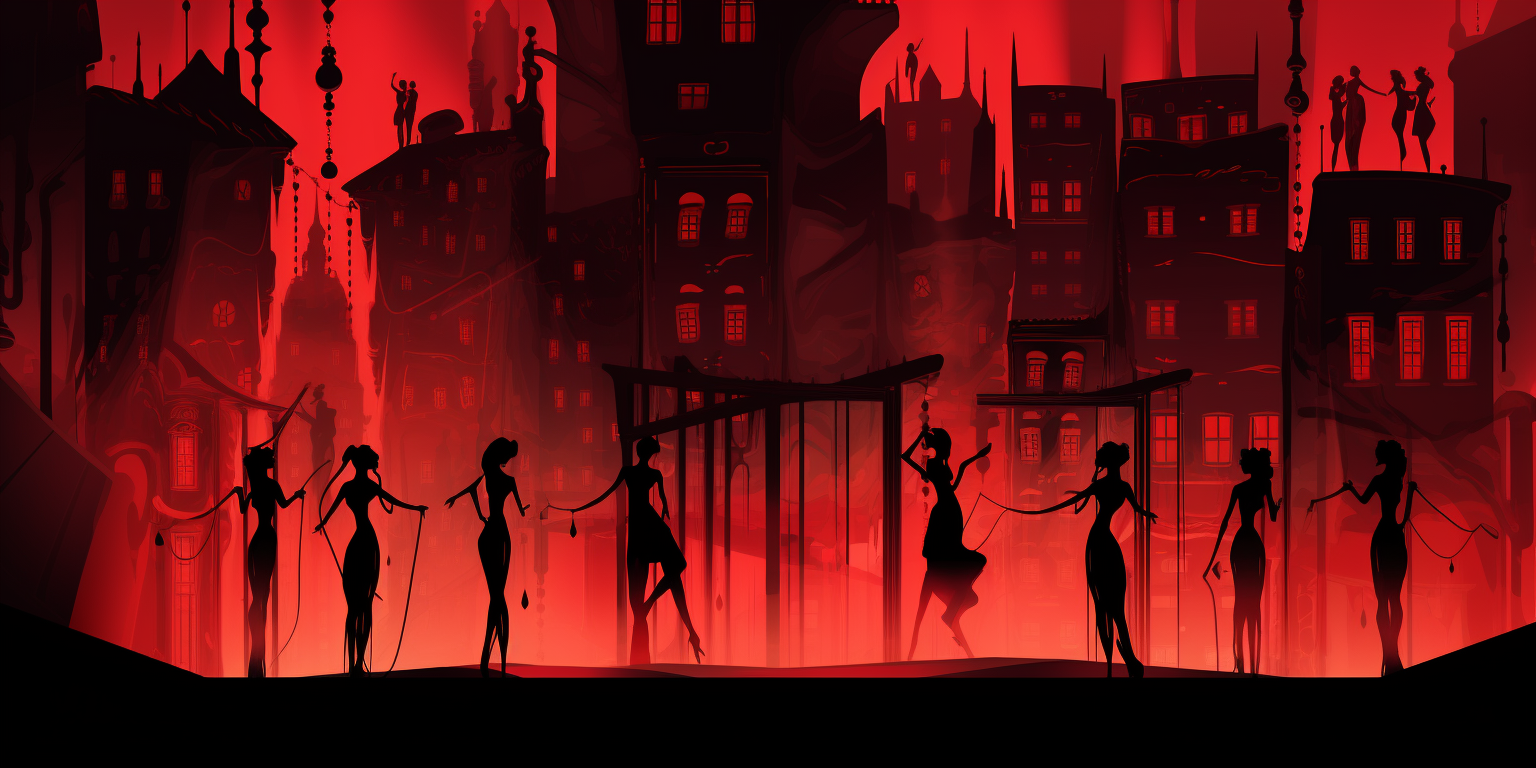 Silhouette of dancing girls in red light district