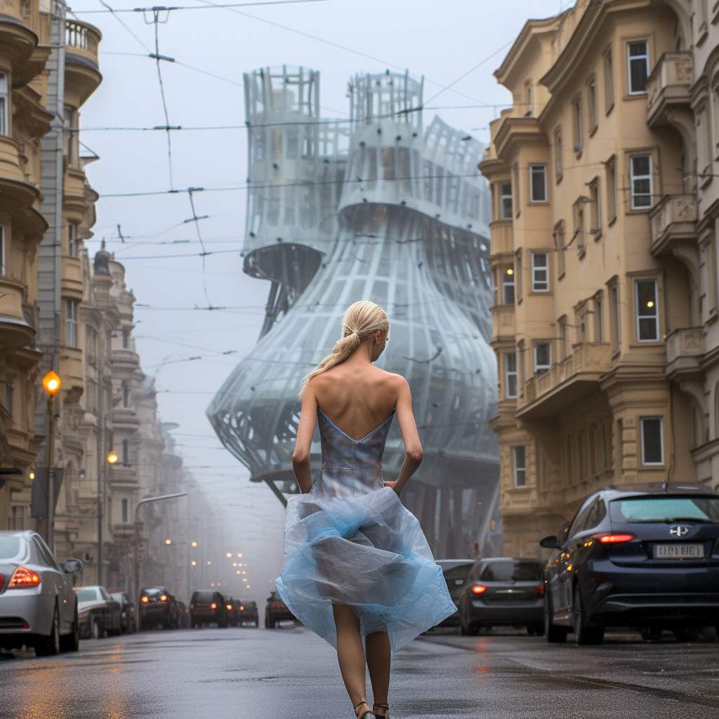 Ballerina resting her back against the Dancing House