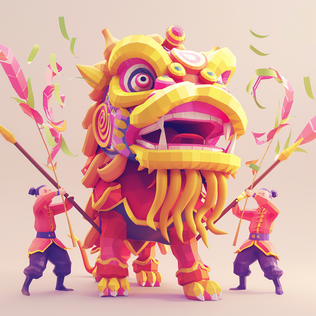 Lion dancers with bamboo poles