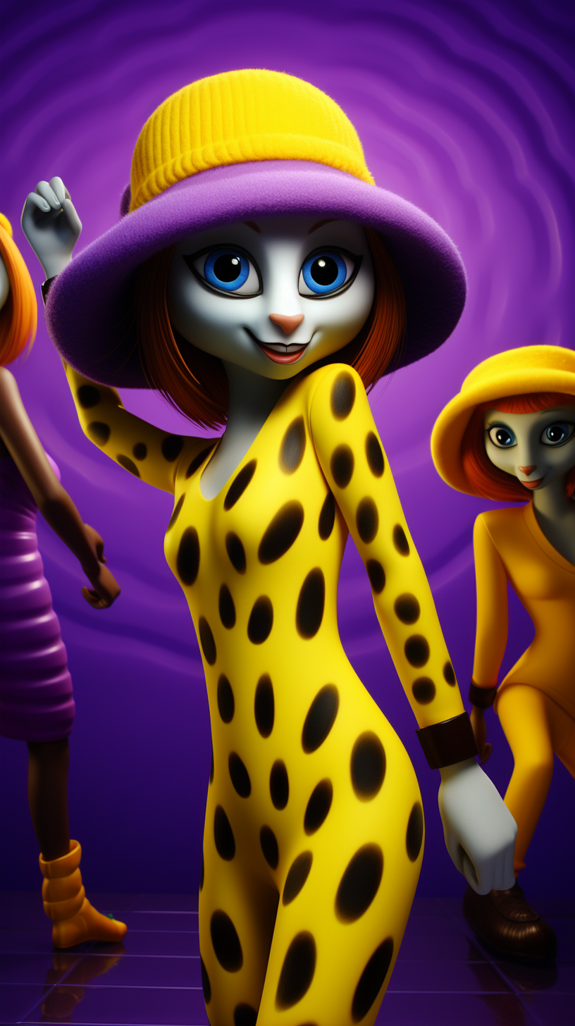 Minions dancing in club with purple hat and cheetah print