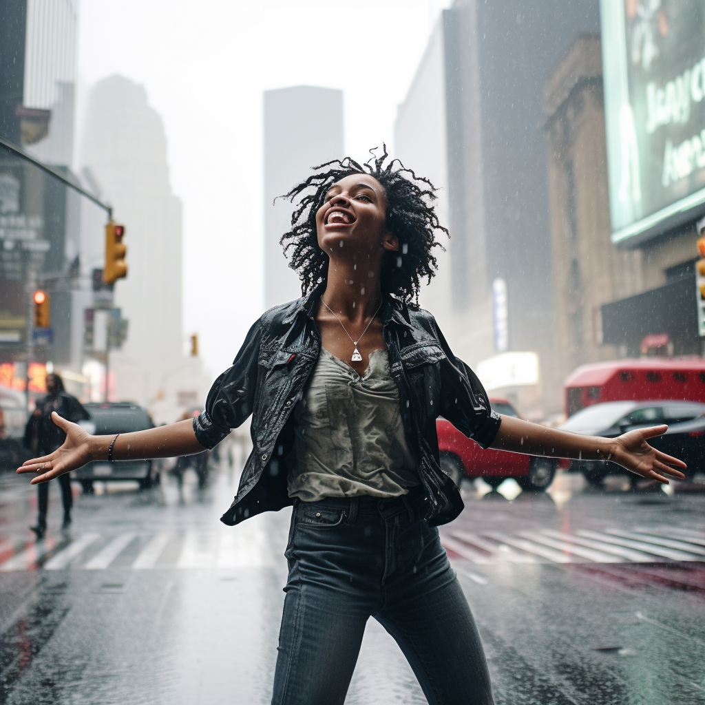 Young black woman dancing in the rain