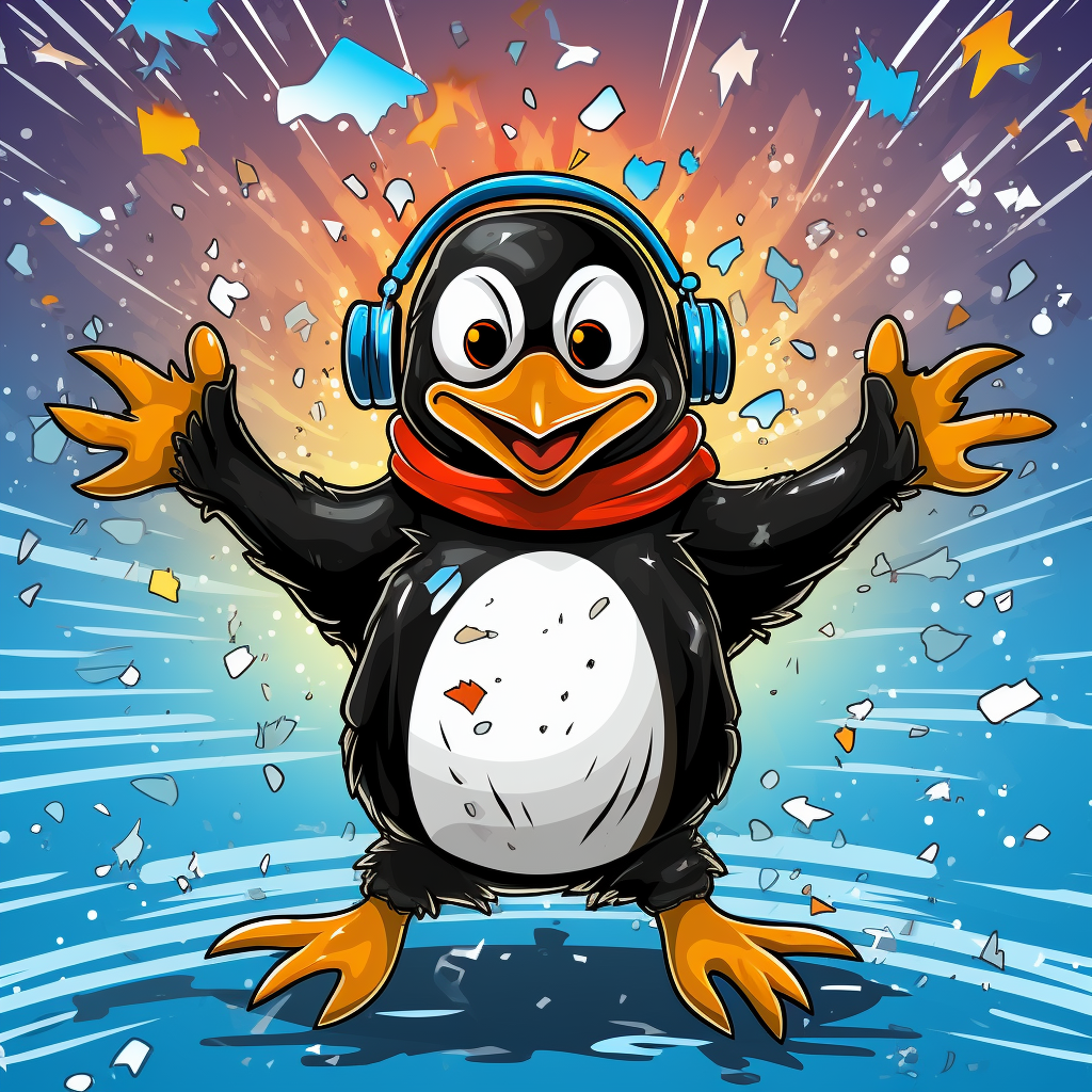 Cartoon penguin dancing joyfully in the snow