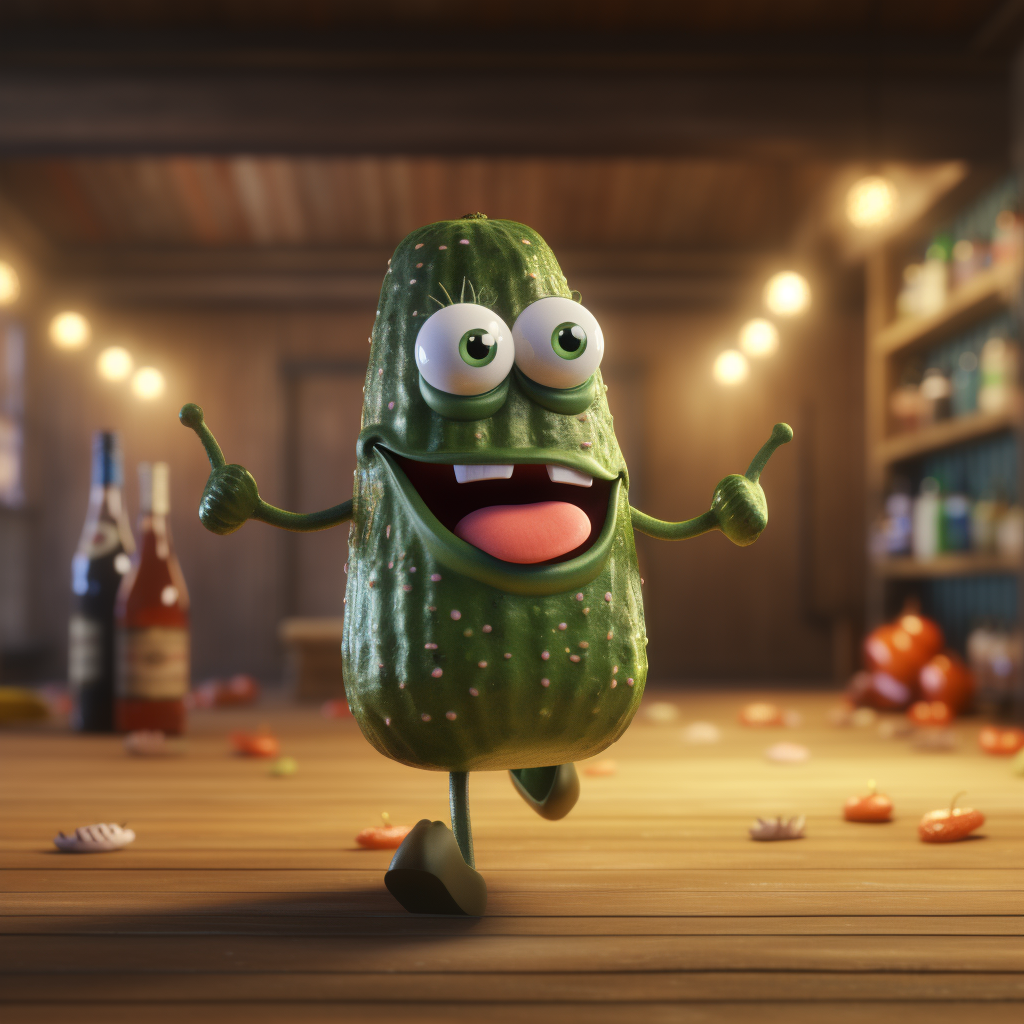 Detailed dancing pickles in cinematic style