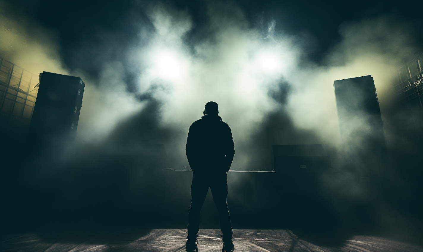 Shadow of a person dancing in front of huge speaker