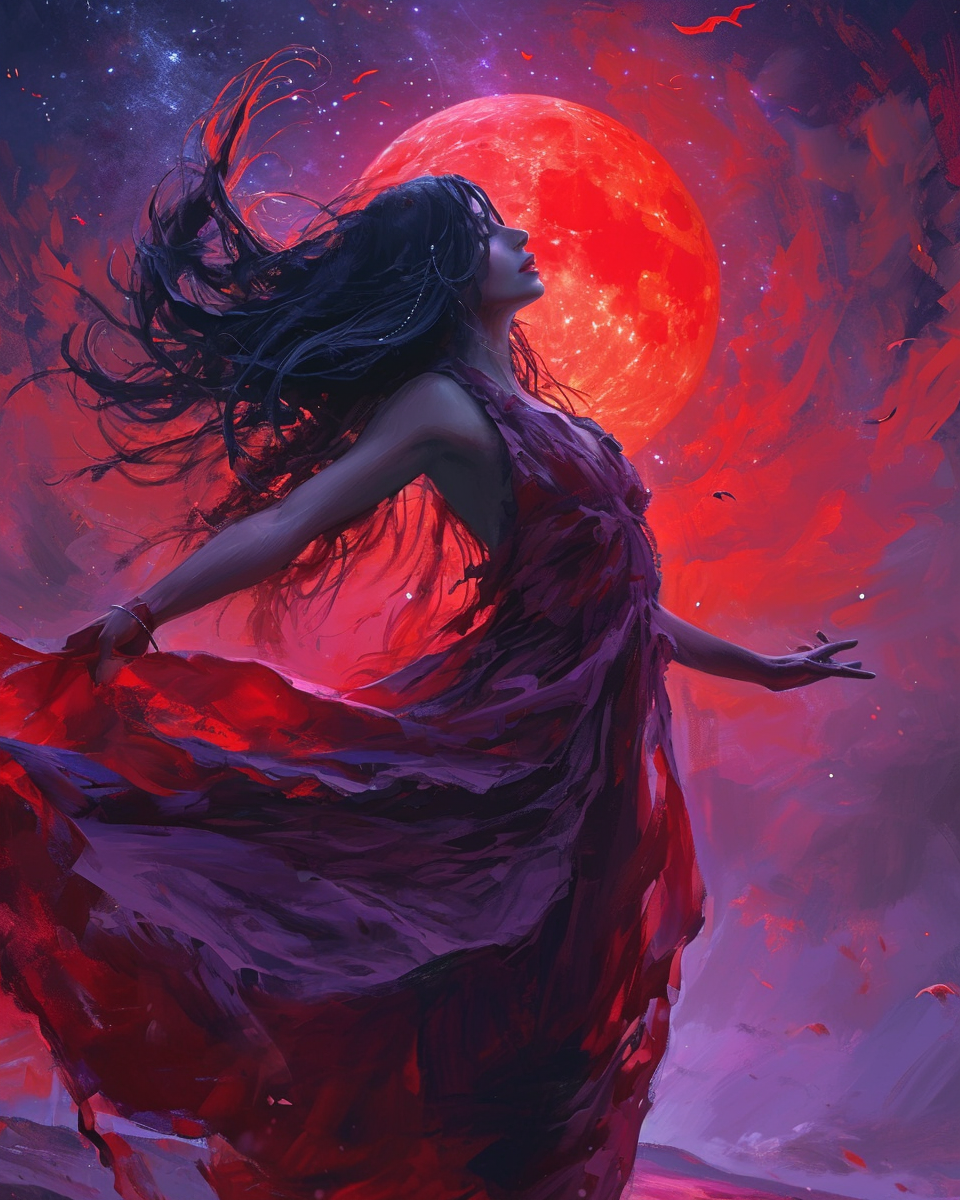 Beautiful sorceress dancing under the red moon