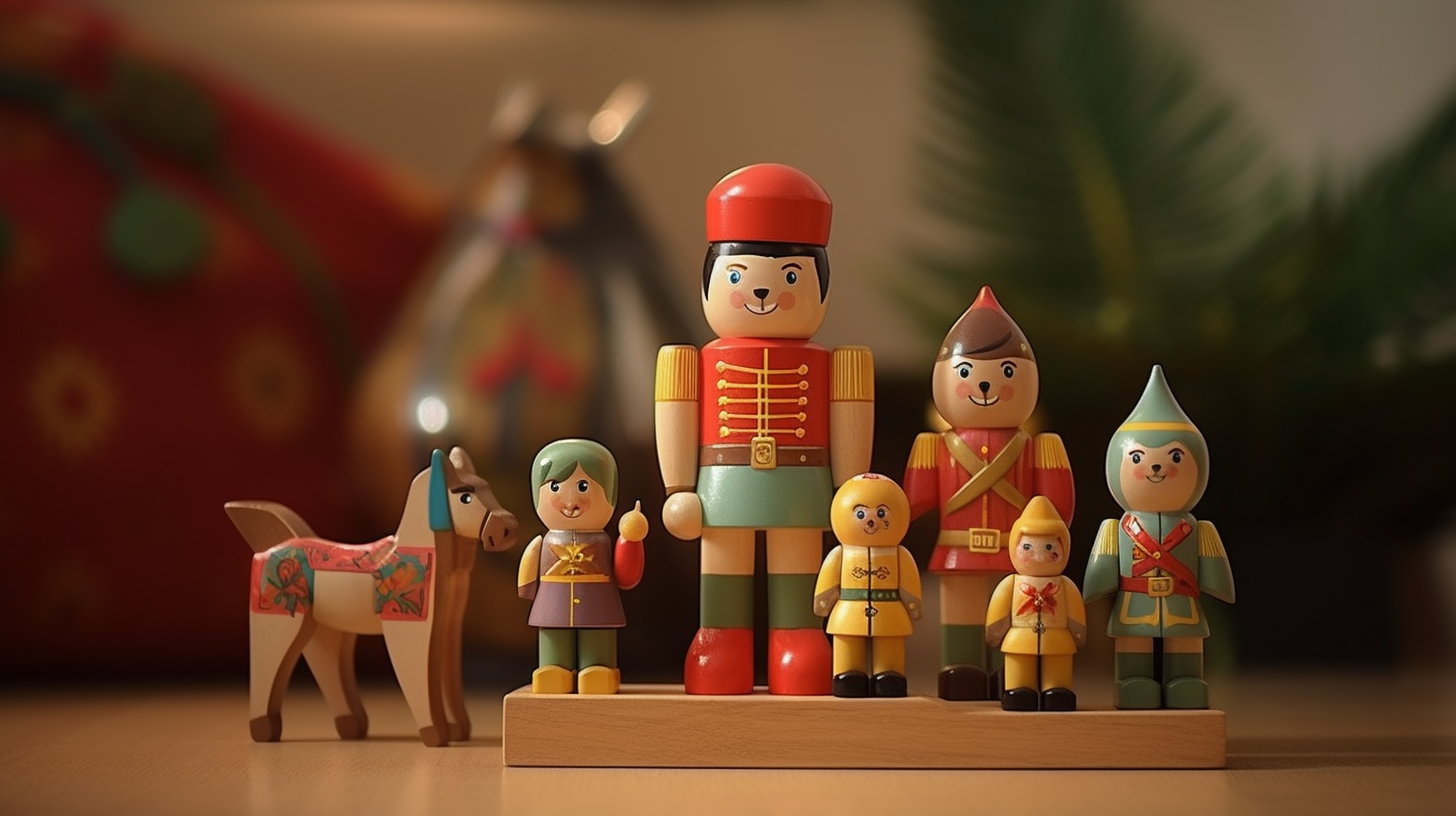 Wooden soldier and stuffed animals dancing in toy chest