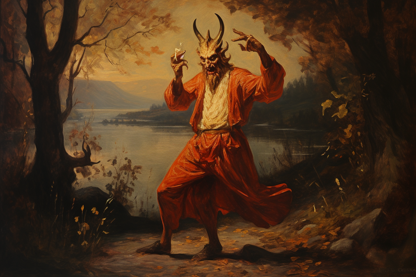 Colorful devil dancing in Halloween landscape