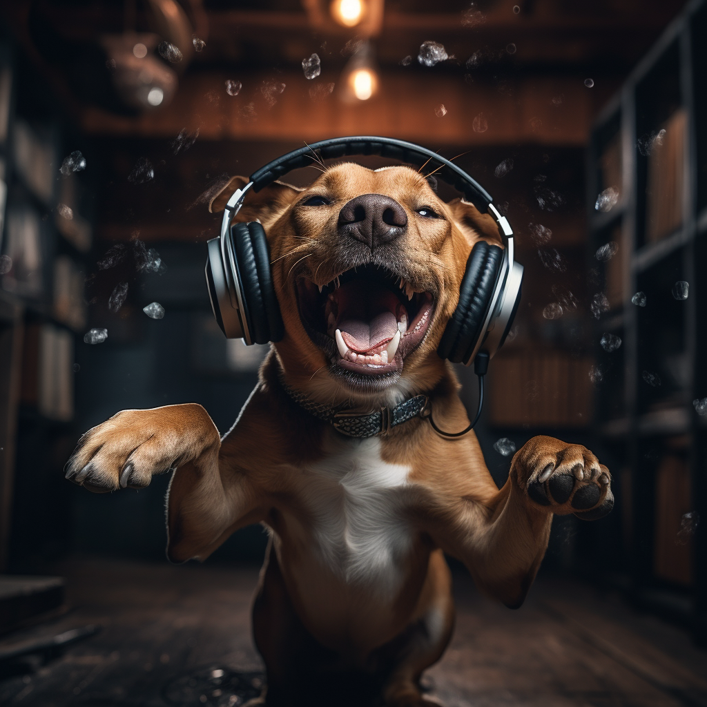 Adorable dog enjoying music with headphones