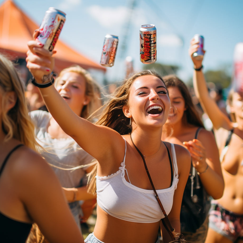 Females dancing at outdoor music festival with soda cans