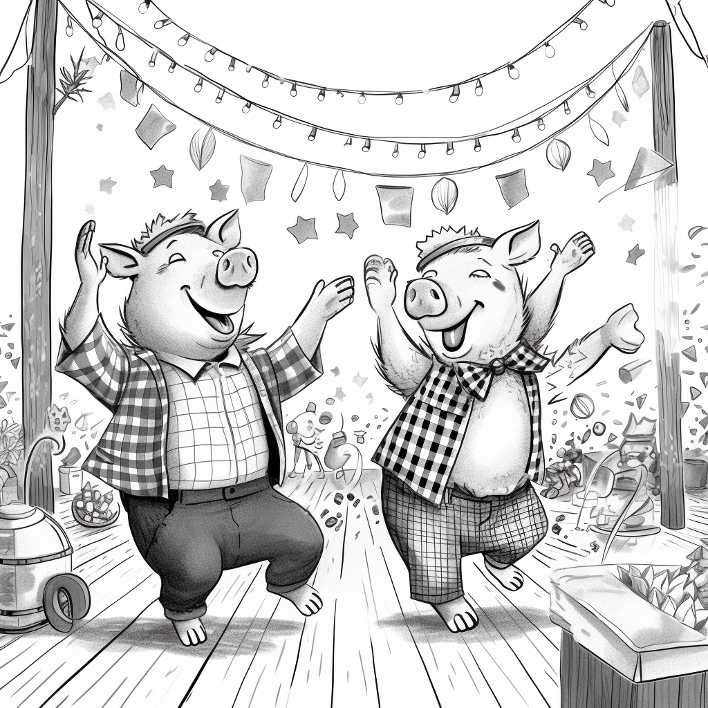 Hand-drawn dancing pigs having a party