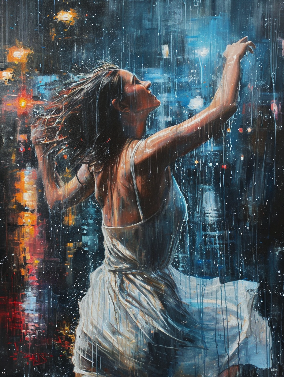 Dancing woman in the rain, embracing modernity and surrealism