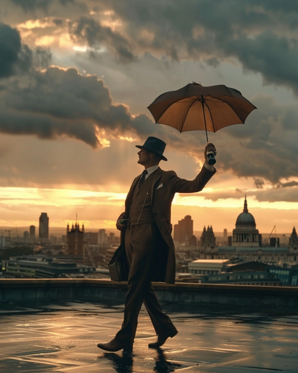 Dandy man in suit with umbrella and champagne