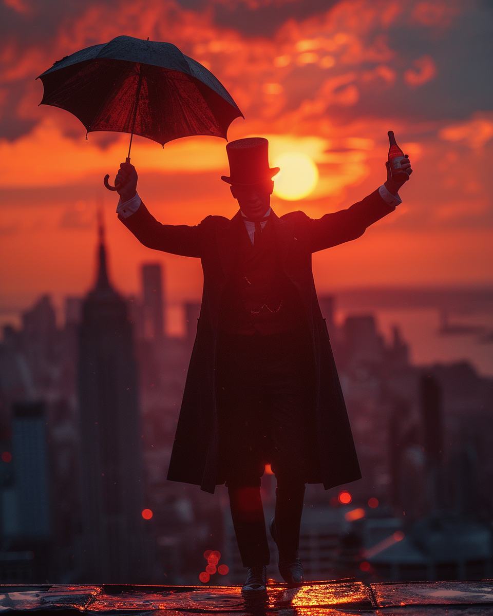 man dancing with champagne umbrella